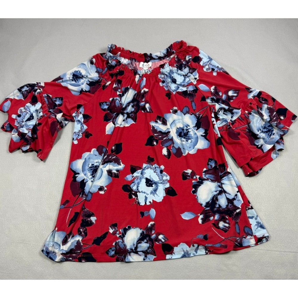 Denim & Co Floral Ruffle Neck Tiered Bell Sleeve Top Red Blue 1X